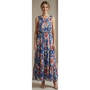 Lara g womens xl maxi dress silk blend blue floral tiered fairy beach resort